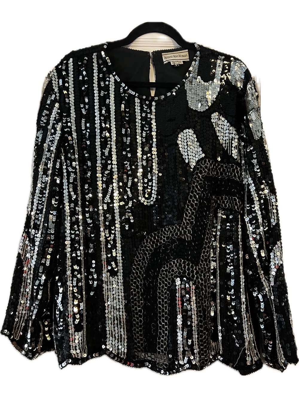VTG 100% Silk August Max Plus Size Black & Silver 80s Sequin Top 1X